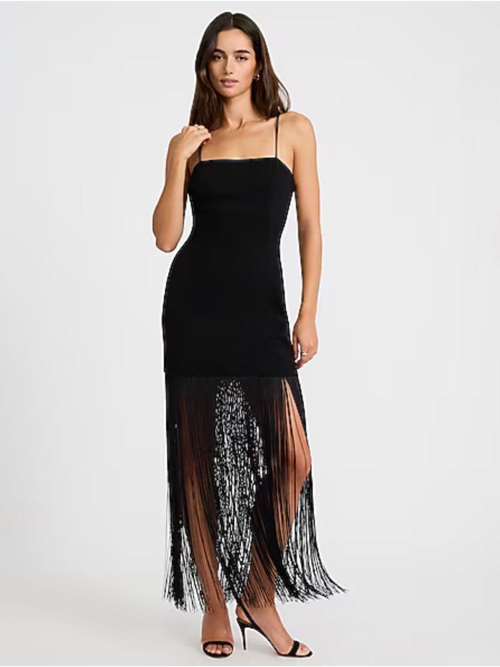 Express Square Neck Fringe Maxi Sheath Dress